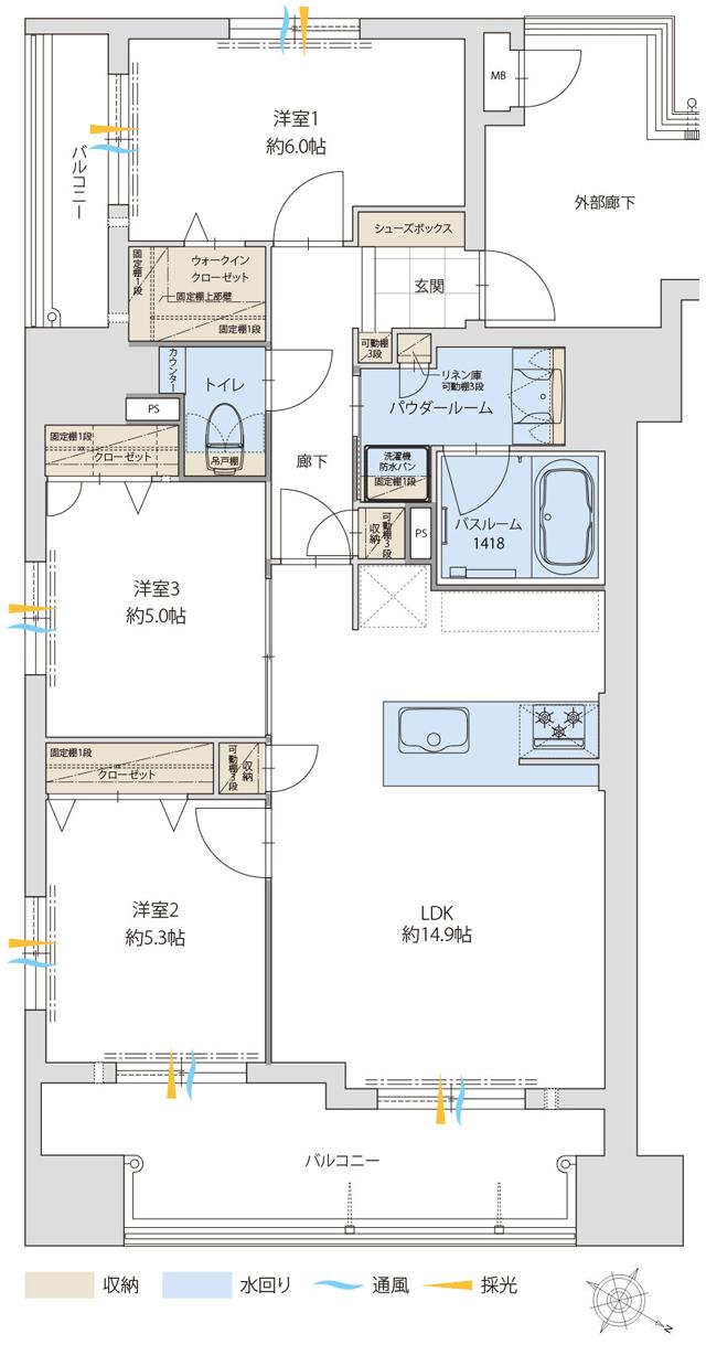 グランフォーレ高見馬場の間取り図　A：3LDK