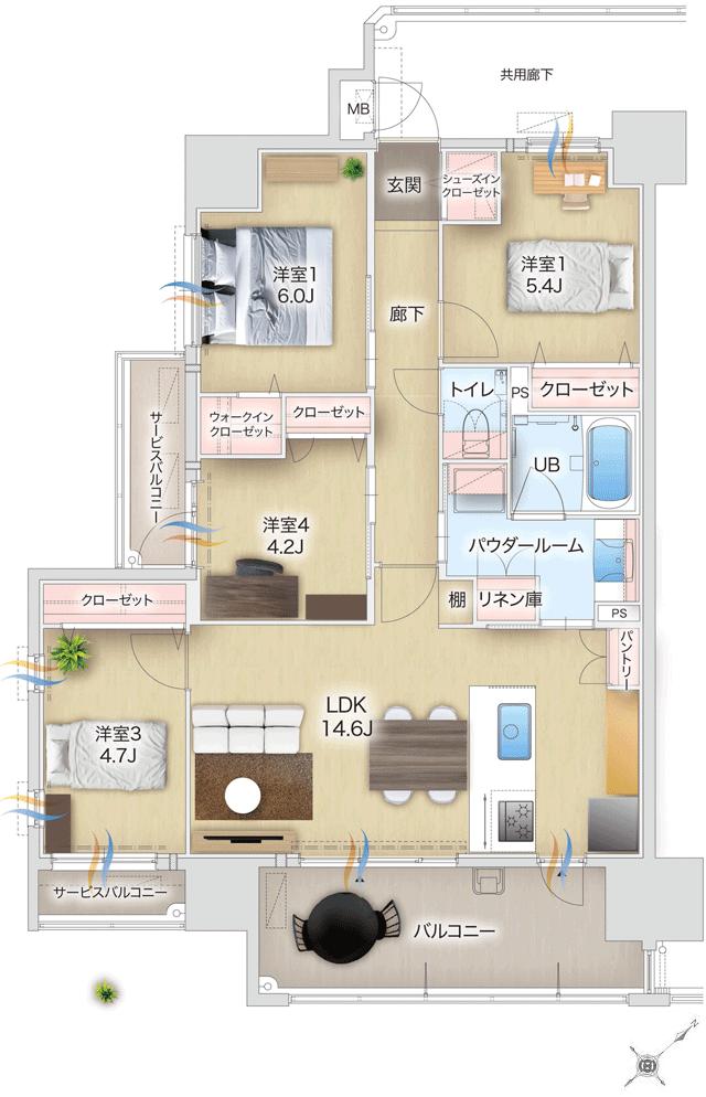 アーバンパレス博多グロウサイドの間取り図　A：4LDK+W.I.C +S.I.C