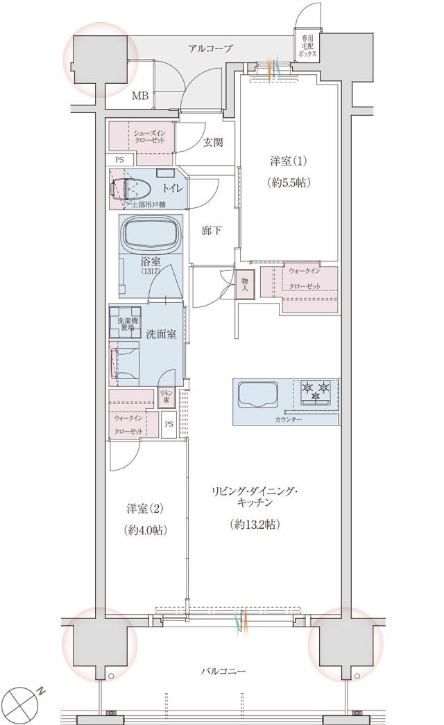 クレアホームズ長崎文教通りの間取り図　B：2LDK+2WIC+SIC