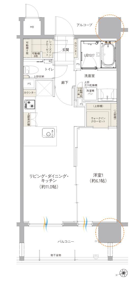 ワイズエステムコート旭橋駅 ザ・ウェストの間取り図　D：1LDK+WIC+SIC