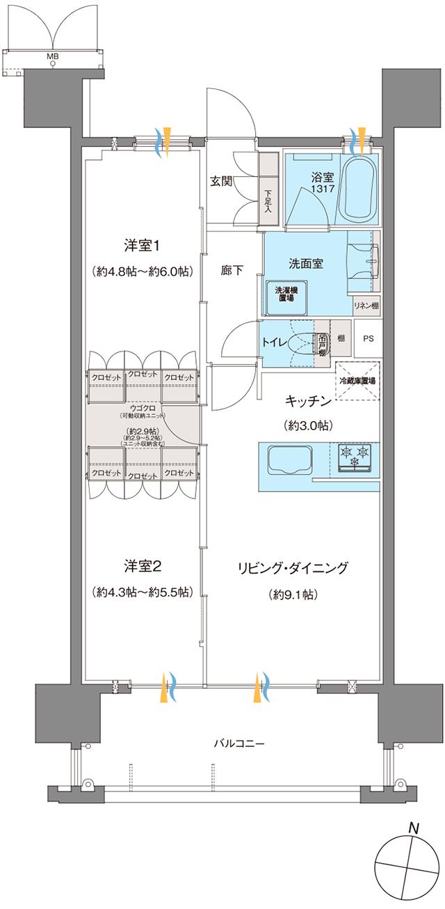 ブランシエラ熊本中央の間取り図　E：2LDK