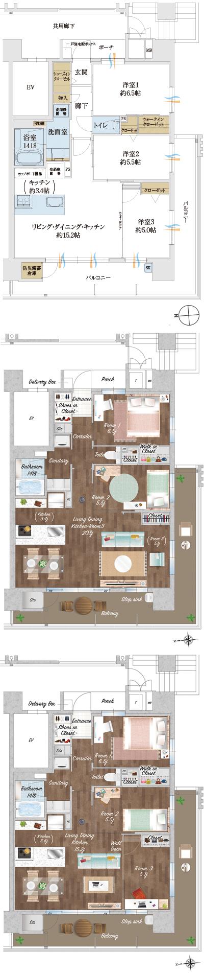 サンメゾン姪浜の間取り図　C：3LDK+WIC+SIC