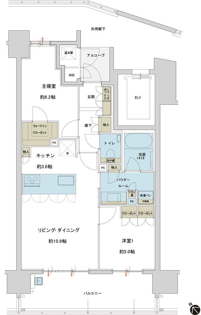 グランドオーク九品寺ルクスの間取り図　D：2LDK+WIC