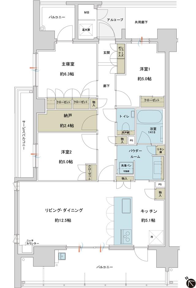 グランドオーク九品寺ルクスの間取り図　A：3LDK+N