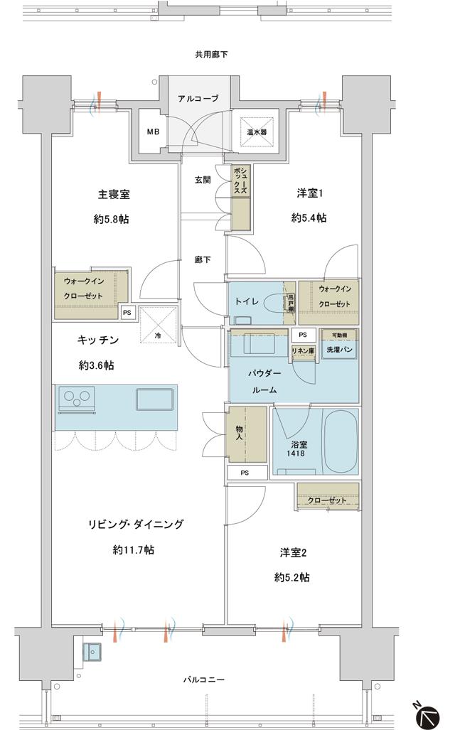 グランドオーク九品寺ルクスの間取り図　B：3LDK+2WIC
