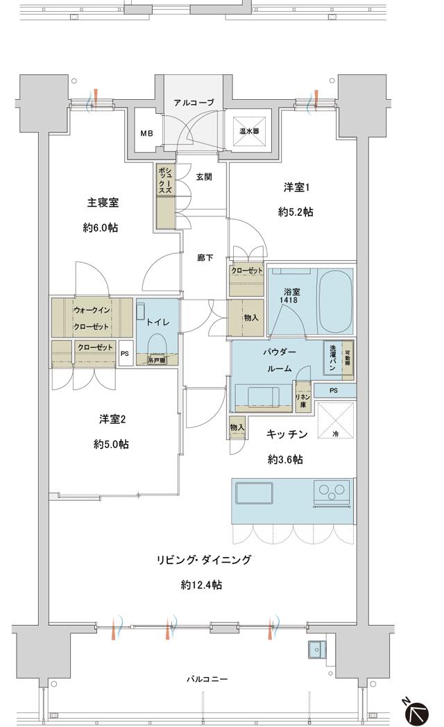 グランドオーク九品寺ルクスの間取り図　C：3LDK+WIC