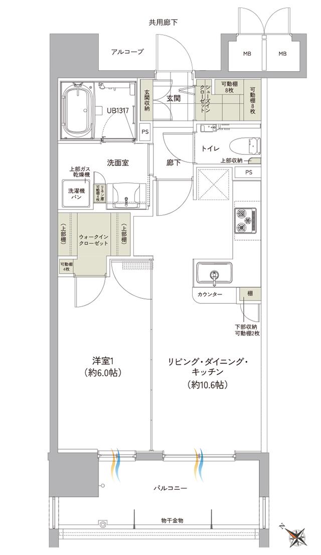 ワイズエステムコートおもろまちパークプレイスの間取り図　B：1LDK+WIC+SIC