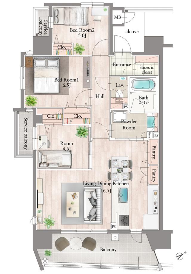 ネオ・プレイス文教イースト ザ・テラスの間取り図　A：3LDK+SIC