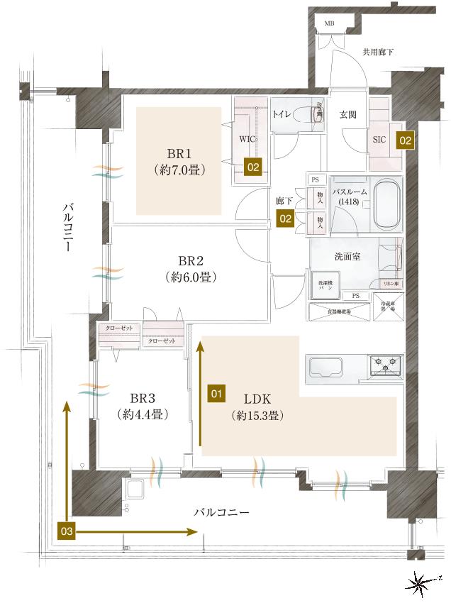 イノバス箱崎の間取り図　C1：3LDK+WIC+SIC