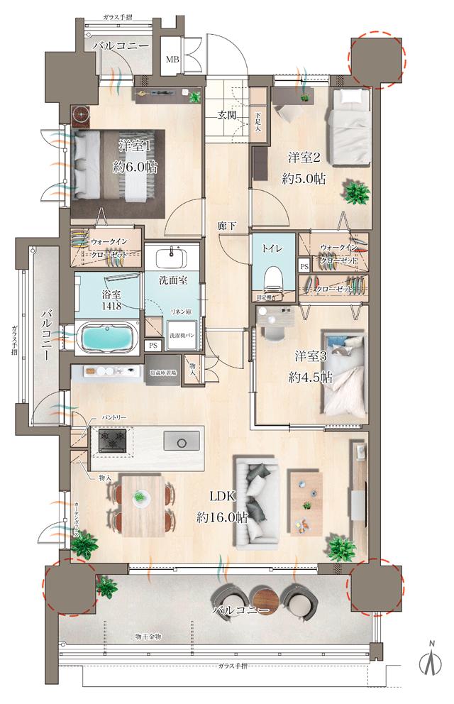 レクシア田迎サウスブライトの間取り図　A：3LDK+2WIC