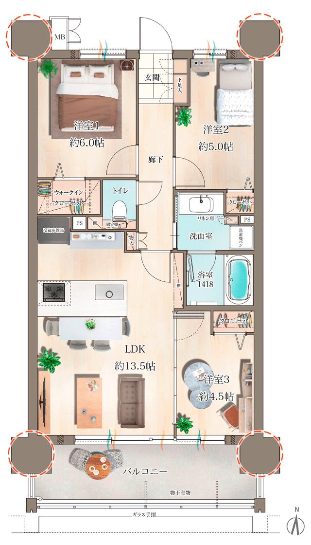 レクシア田迎サウスブライトの間取り図　B：3LDK+WIC