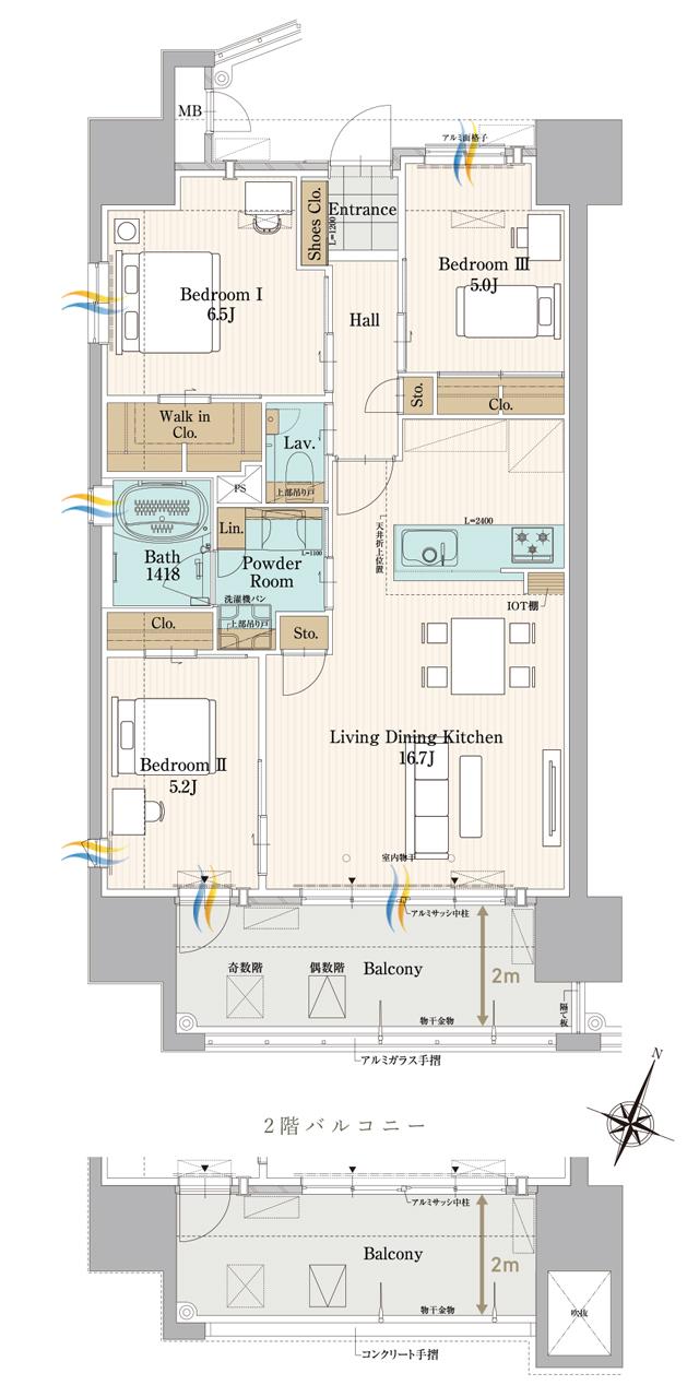 グランドパレス高見三条橋タワーの間取り図　A：3LDK+WIC