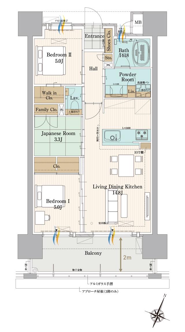 グランドパレス高見三条橋タワーの間取り図　B：3LDK+WIC