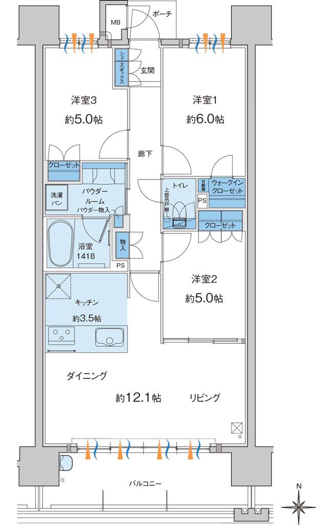 MJR大分サーパスコートの間取り図　D：3LDK+WIC