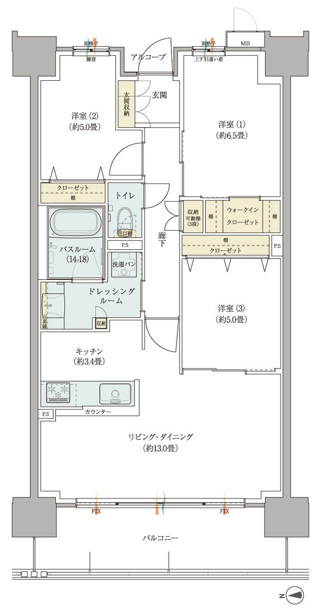 ザ サンズ熊本城公園の間取り図　B：3LDK+WIC