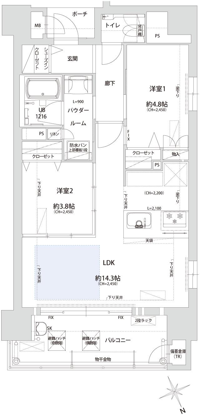 アクロス箱崎駅前クレスティアの間取り図　C：2LDK+SIC