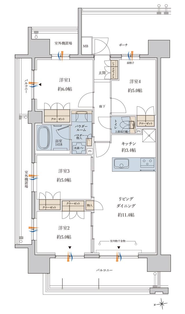 MJR鹿児島中央駅前ザ・レジデンスの間取り図　A：4LDK