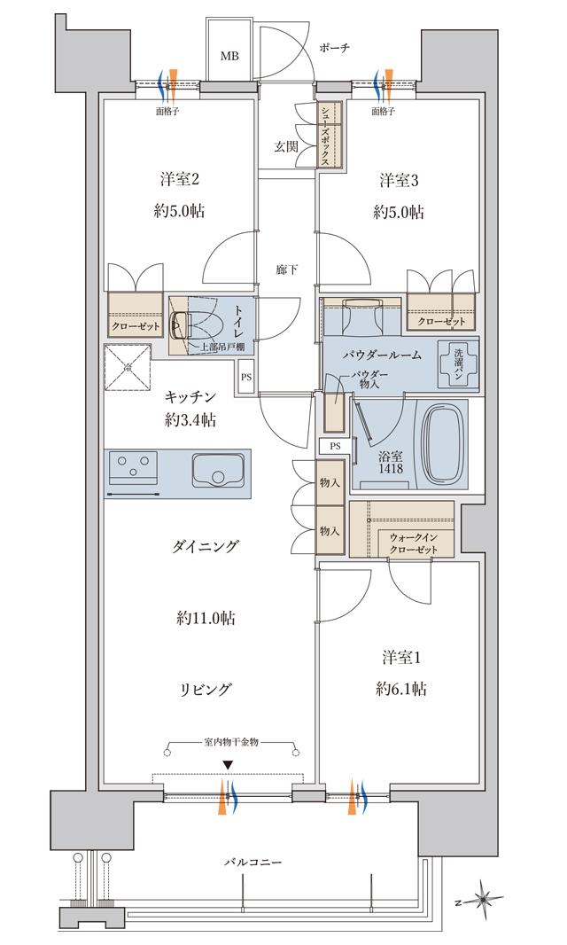 MJR鹿児島中央駅前ザ・レジデンスの間取り図　D：3LDK+WIC