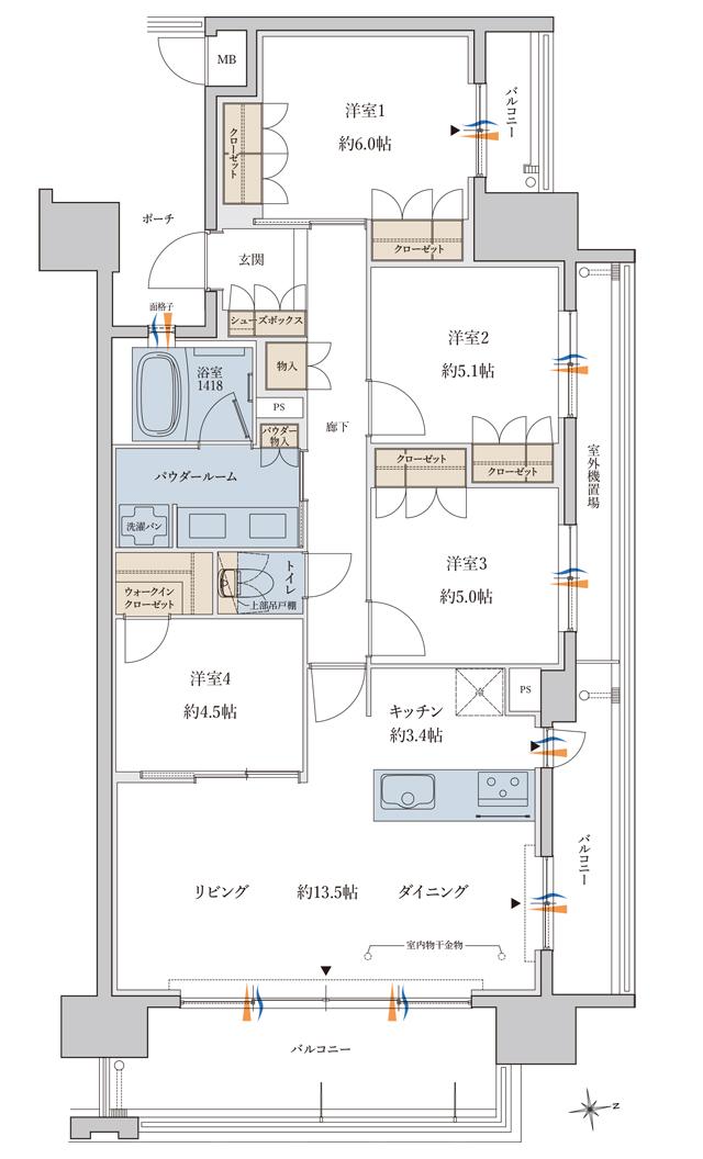 MJR鹿児島中央駅前ザ・レジデンスの間取り図　T：4LDK+WIC