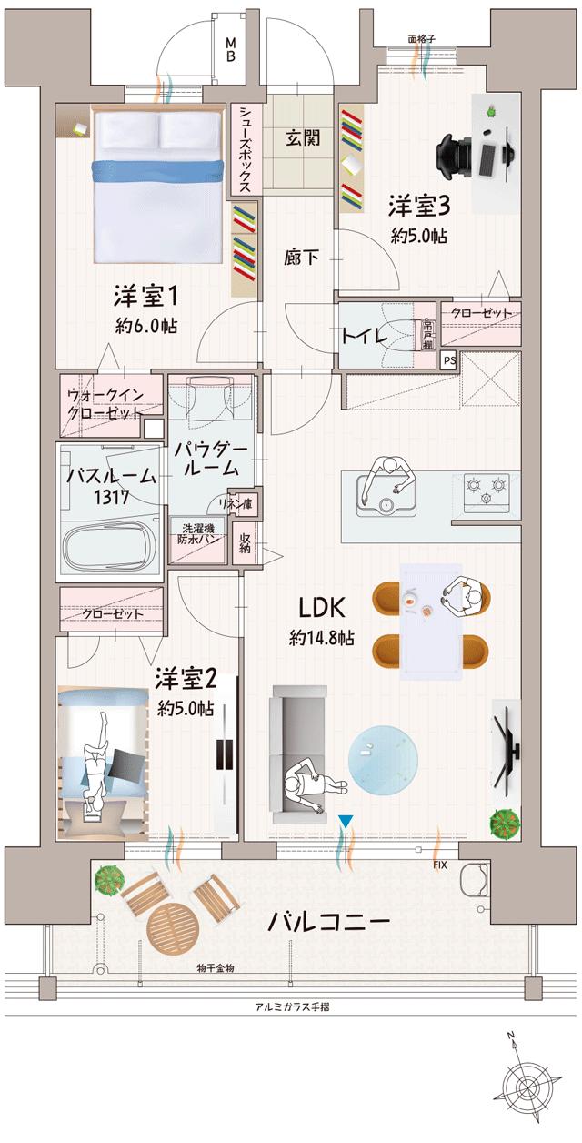 グランフォーレ日吉プレシャスの間取り図　D：3LDK+WIC