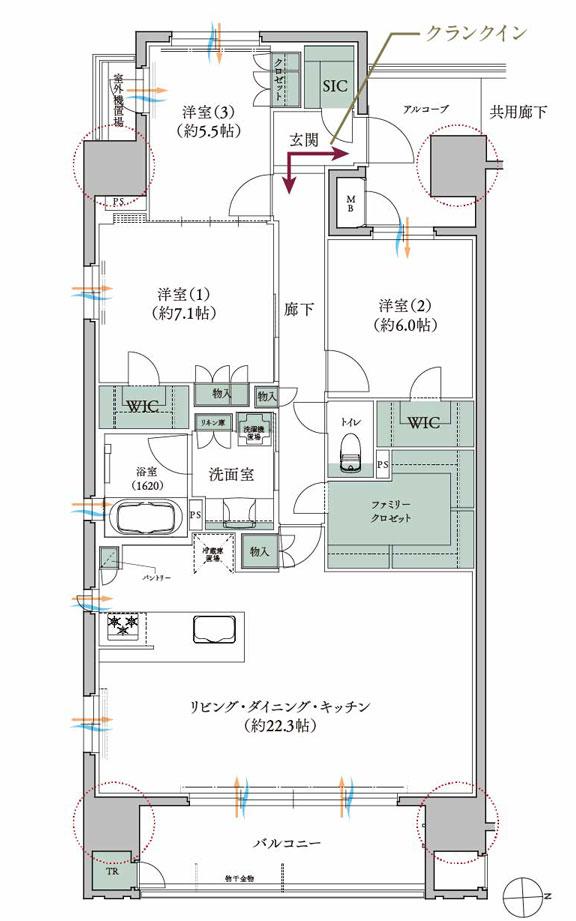 レ・ジェイド上通の間取り図　E(メニュープラン1)：3LDK+FC+2WIC+SIC