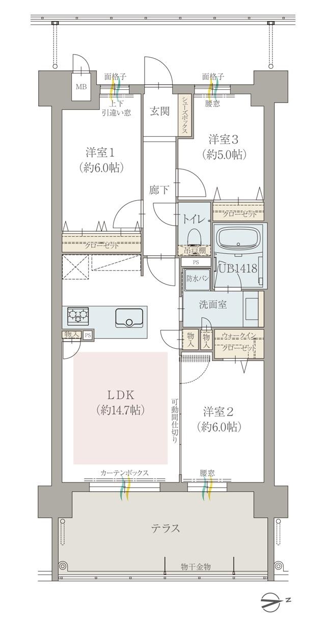 オーヴィジョン武岡テラスの間取り図　E1：3LDK+WIC