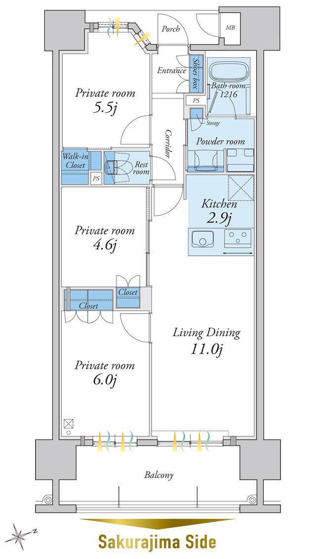 MJRザ・ガーデン上荒田の間取り図　F：3LDK+WIC
