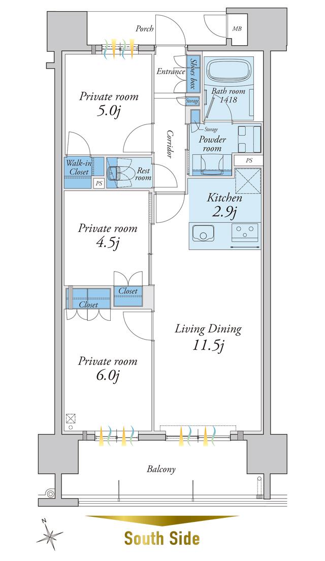 MJRザ・ガーデン上荒田の間取り図　B：3LDK+WIC