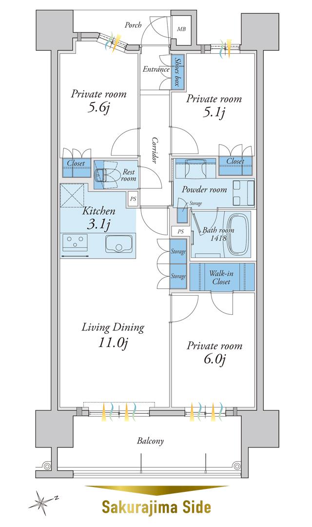 MJRザ・ガーデン上荒田の間取り図　G：3LDK+WIC