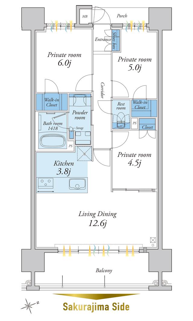 MJRザ・ガーデン上荒田の間取り図　L：3LDK+2WIC