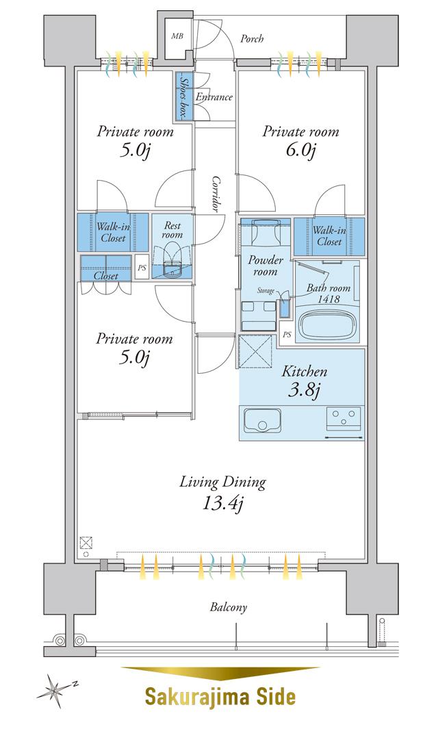 MJRザ・ガーデン上荒田の間取り図　M：3LDK+2WIC