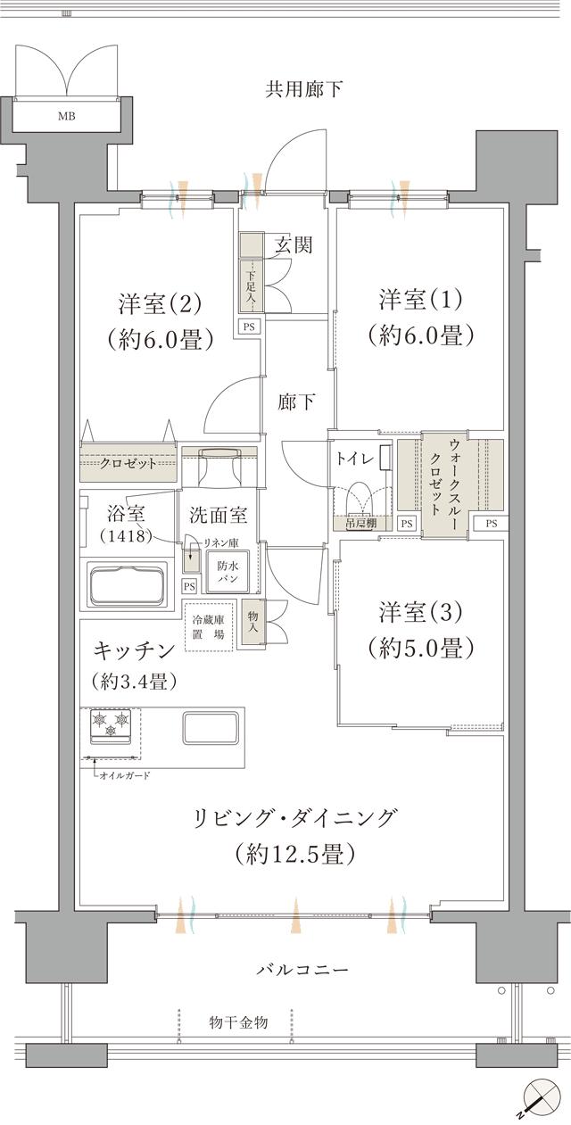 ブランシエラ那覇開南プレミストの間取り図　D：3LDK+WTC