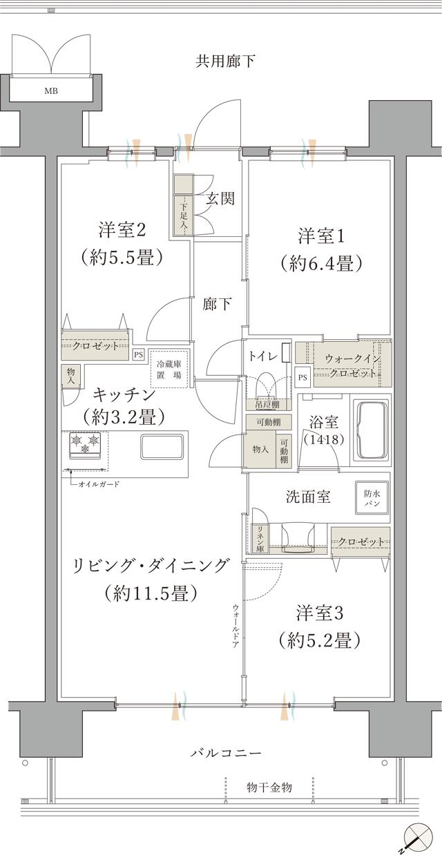 ブランシエラ那覇開南プレミストの間取り図　J：3LDK+WIC