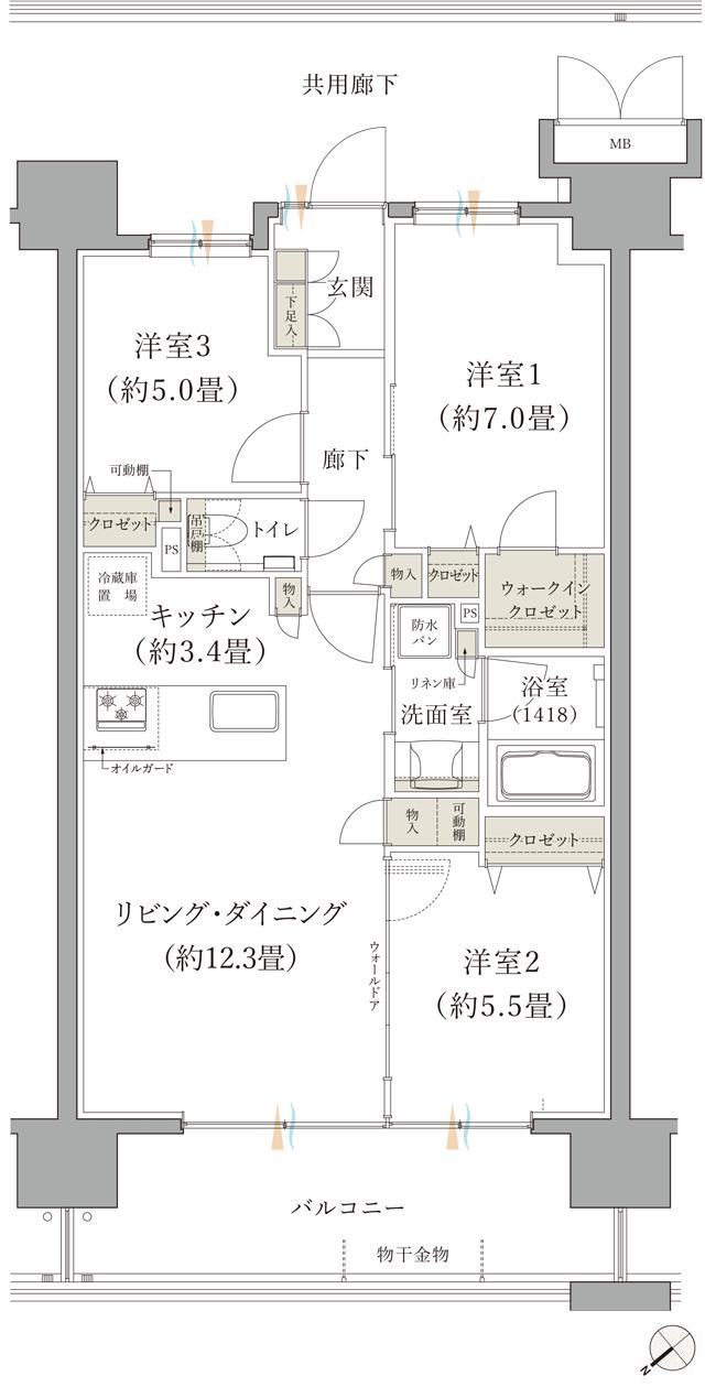 ブランシエラ那覇開南プレミストの間取り図　E：3LDK+WIC