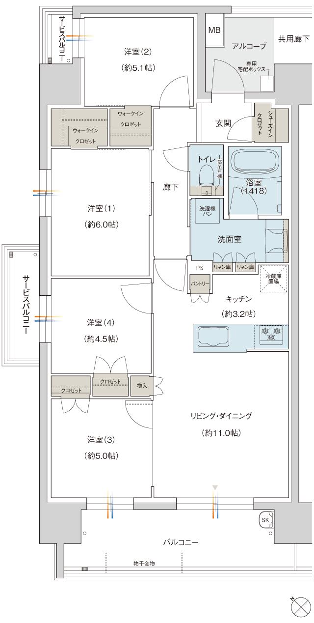 ジェイグラン春日原の間取り図　A：4LDK+2WIC+SIC