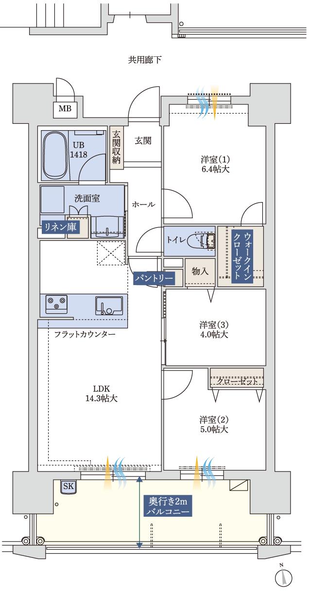 アルフィーネ久留米レガリアの間取り図　B：3LDK+W.I.C.