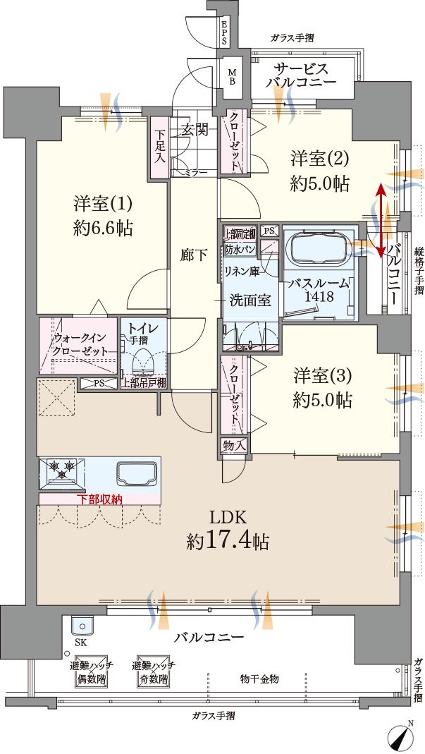 ファーネスト博多ルシエEAST／WESTの間取り図　EAST-D：3LDK+WIC