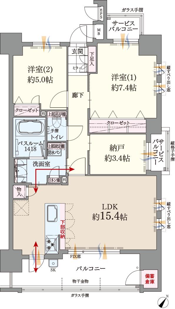 ファーネスト博多ルシエEAST／WESTの間取り図　WEST-E(MENU1)：2LDK+納戸