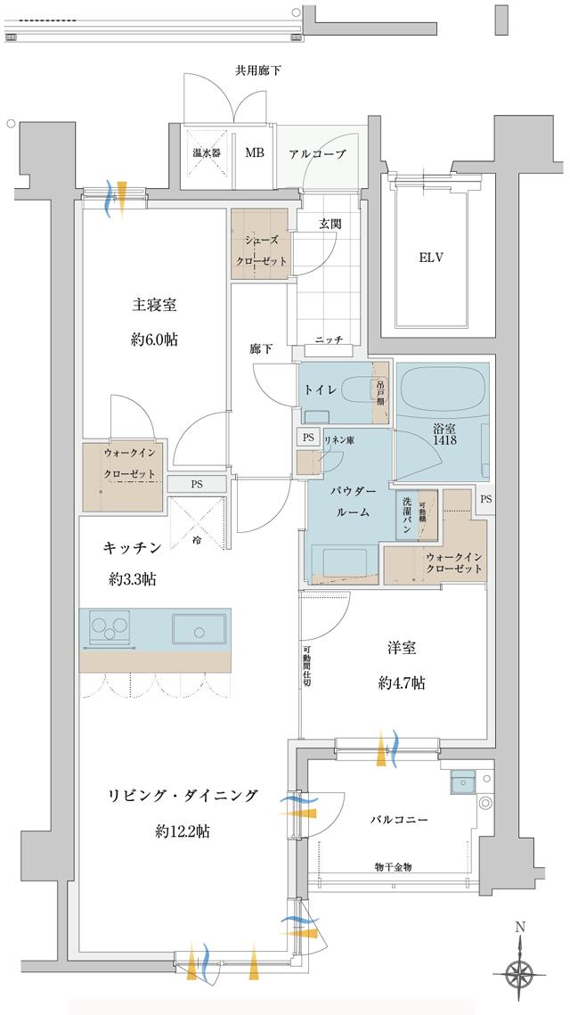 グランドオーク藤崎南カノンの間取り図　B：2LDK+2WIC+SC