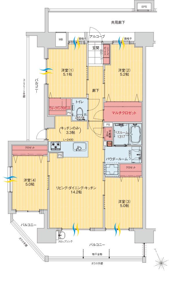 アルファステイツ那覇古波蔵の間取り図　F2：4LDK+マルチクロゼット+ウォークインクロゼット