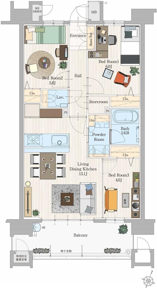 サンパーク糸島グラッセの間取り図　B：3LDK