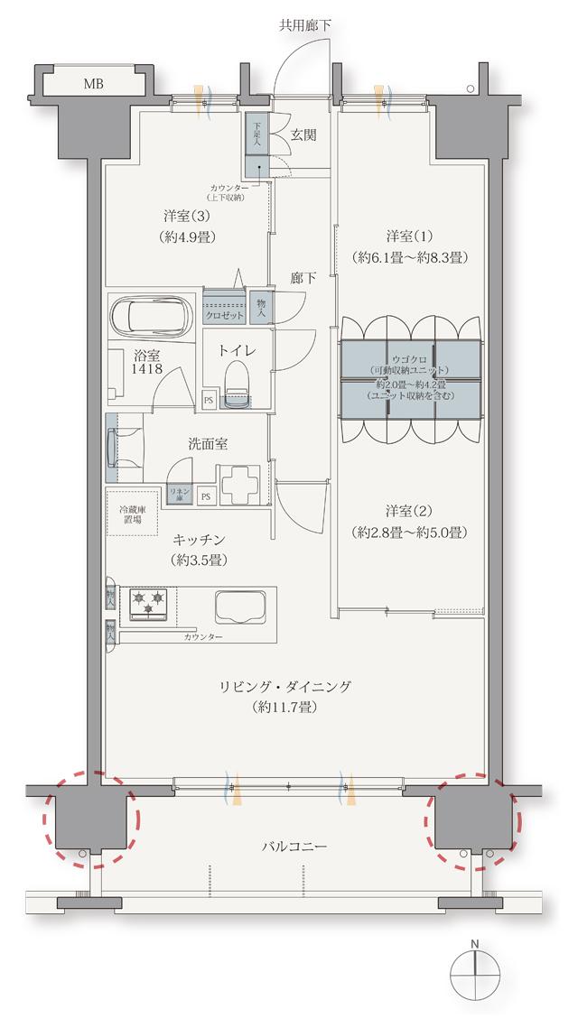 ブランシエラ宮崎の間取り図　C：3LDK+ウゴクロ