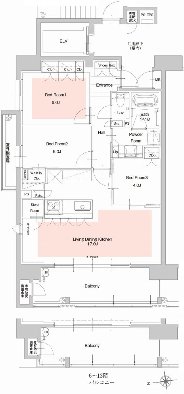 ザ・サンパーク西新の間取り図　A1：3LDK+W.I.C+Sto+Pan