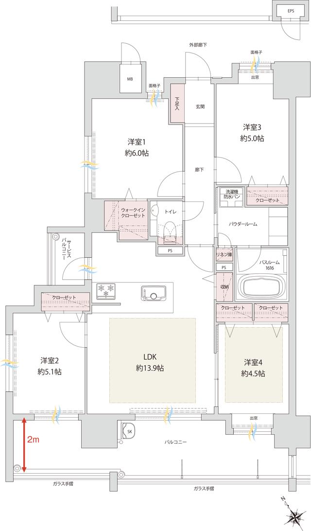 アクタス籠町グランミライの間取り図　E：4LDK