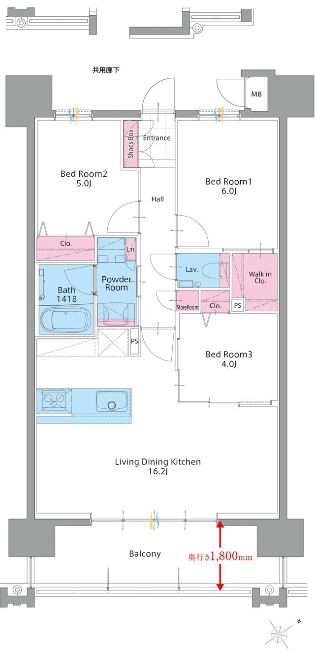 サンパーク諏訪野レジデンスの間取り図　B：3LDK+WIC