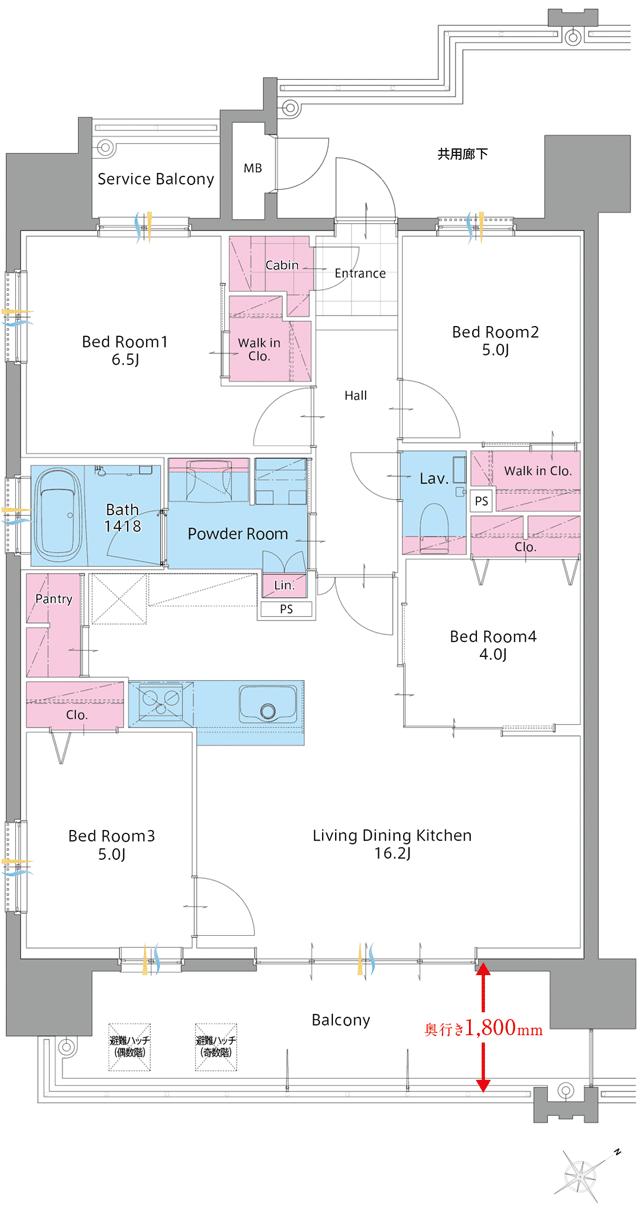 サンパーク諏訪野レジデンスの間取り図　A：4LDK+2WIC+SIC+PAN