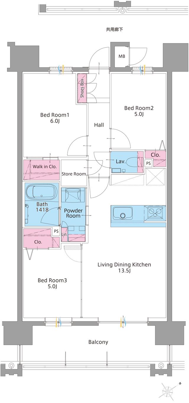 サンパーク諏訪野レジデンスの間取り図　C：3LDK+WIC