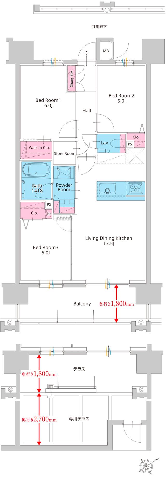 サンパーク諏訪野レジデンスの間取り図　C(1F)：3LDK+WIC+Store Room