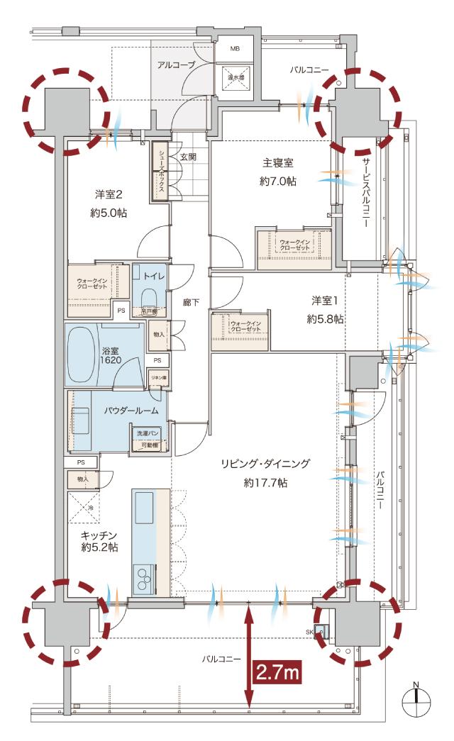 グランドオーク浦上テラスの間取り図　A：3LDK+3WIC
