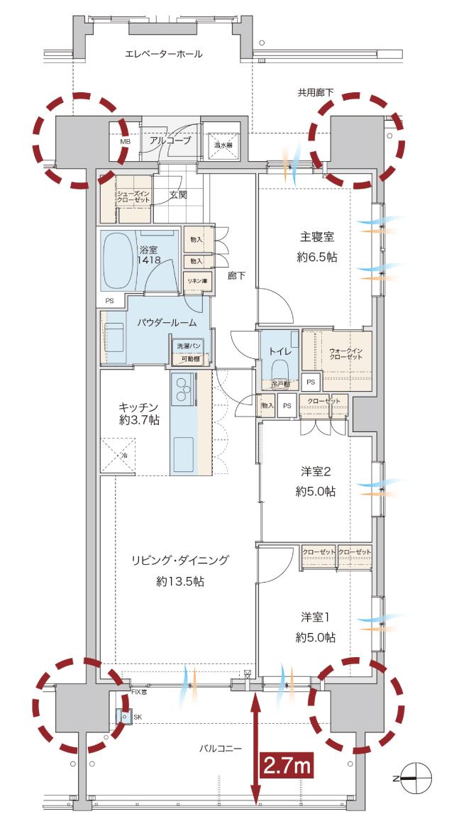 グランドオーク浦上テラスの間取り図　F：3LDK+WIC+SIC